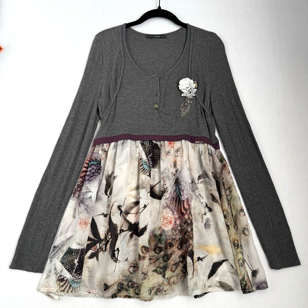 J.J. Garella Dress Women 4 Gray Peacock Floral Chiffon Applique Artsy Tunic